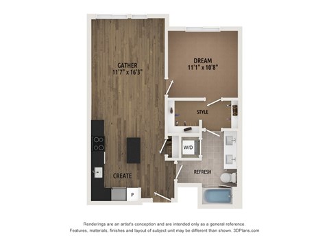 Floor plan for 1 bed, 1 bath, 659 sqft